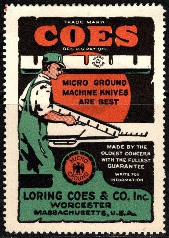 Vintage US Poster Stamp Loring Coes & Co. Inc. Micro Ground Machine Knives Best