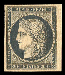 France, 1850-1900 #3b Cat$1,100, 1850 20c black on buff, small hinge remnant,...