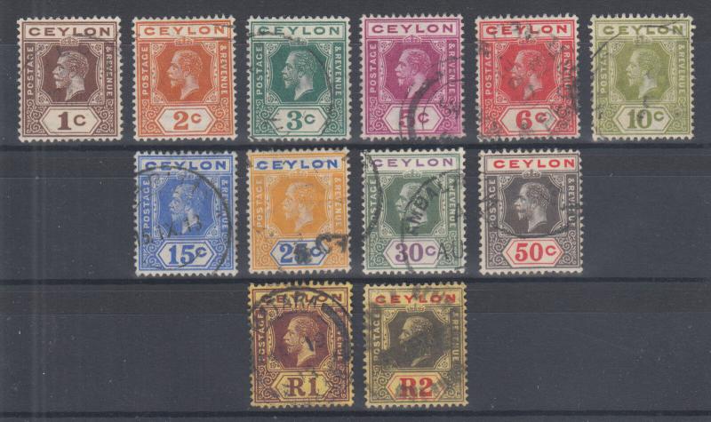 Ceylon Sc 200-211 used. 1912-25 KGV issues with wmk 3, 12 different, sound