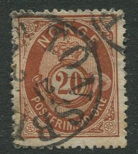 Norway - Scott 27 - Post Horn & Crown - 1877 - Used- Single 20s Stamp