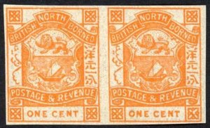 North Borneo SG37b 1c Orange Imperf Pair (left stamp tear at top) U/M Cat 50 Po