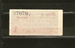 Great Britain Registration Receipt 1929 Hatchard 187 Piccadilly Used