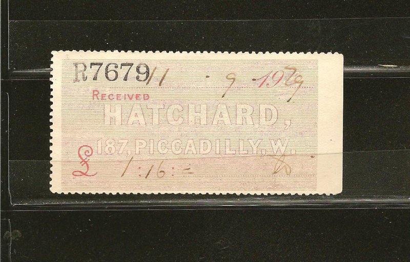 Great Britain Registration Receipt 1929 Hatchard 187 Piccadilly Used