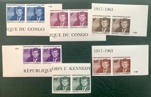 Congo DR 1964 JFK IMPERF PAIRS, MNH.  Scott 514-519, CV $180.00