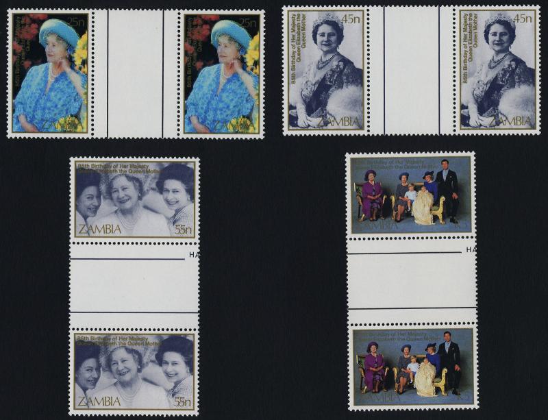 Zambia 327-30 Gutter Pairs MNH Queen Mother 85th Birthday, Queen Elizabeth