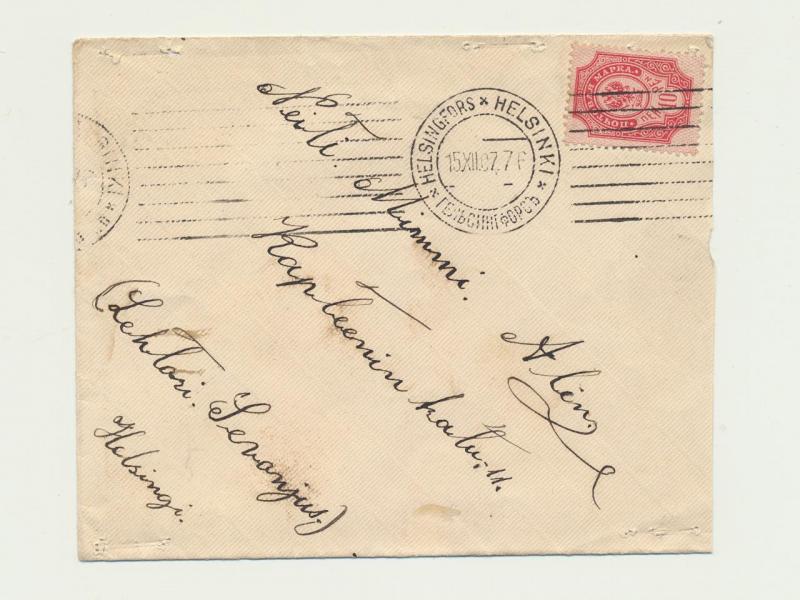 FINLAND 1907 COVER HELSINGFORS TO HELSINGI, 10p RATED