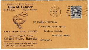 1919 Petaluma, Calif. cancel on ad cover for Chicken remedies