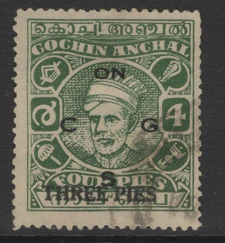 INDIA-COCHIN SGO74 1944 3p on 4p GREEN USED