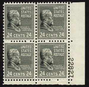 US 828 MNH VF 24 Cent Benjamin Harrison Plate Block of 4 LR #22827