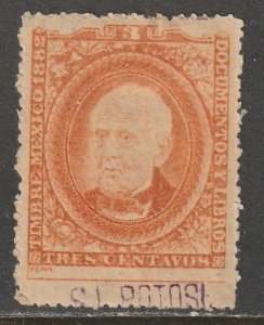 MEXICO DO76, 3¢ 1882 DOCUMENTOS REVENUE. USED. F. (1393)