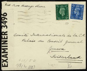 G.B.KG VI 1942 RED CROSS P.O.W. COVER WITH SG 462 & SG 466 IN FAIR CONDITION