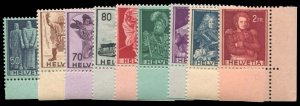 Switzerland #270-278 Cat$47.50, 1941-51 50c-2fr, corner margin set of eight, ...