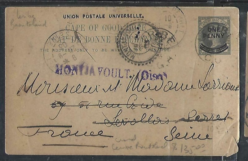  BASUTOLAND, LERIBE USE CAPE STATIONERY (P0311B) 1903 QV 1D/1 1/2D PSC TO FRANCE