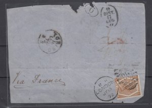 GB QV 1872 6d Pale Buff On Cover Front London To Turin Postal History BP12490