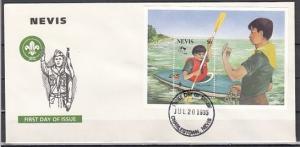 Nevis, Scott cat. 925. World Scout Jamboree s/sheet. First day cover. ^