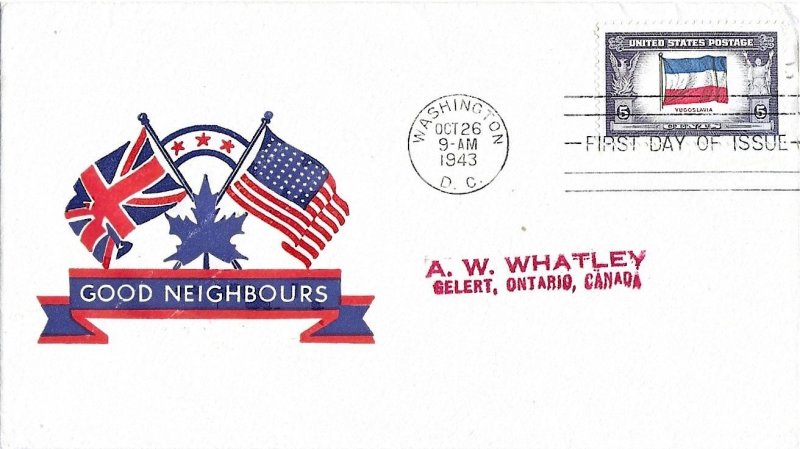 1943 FDC, #917, 5c Overrun Country - Yugoslavia, patriotic (neighbors)