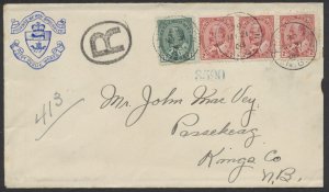 1908 New Brunswick Public Works Cover Registered to Passekeag RPO Backstamp