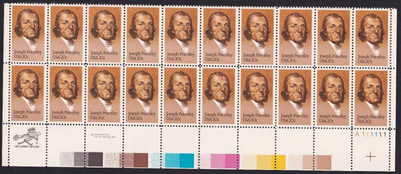 Scott #2038 Joseph Priestly (Chemistry) Plate Block of 20 Stamps - MNH