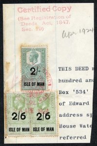 Isle of Man KGV 2/- and 2-2/6 Key Plate Type Revenues CDS on Piece