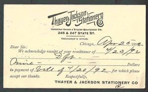 1892 PC CHICAGO IL THAYER & JACKSON STATIONERY CO JOB PRINTERS