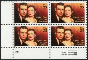 1999 Alfred Lunt & Lynn Fontanne Plate Block Of 4 33c Stamps, Sc# 3287, MNH, OG