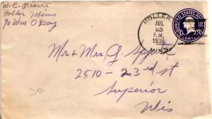 United States Minnesota Holler 1938 4c-bar  1927-1948  Postal Stationery Enve...
