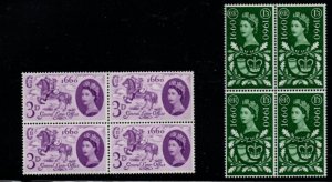 Great Britain Sc 375-376 1960 300th Anniv Post Office stamp set NH Blocks of 4