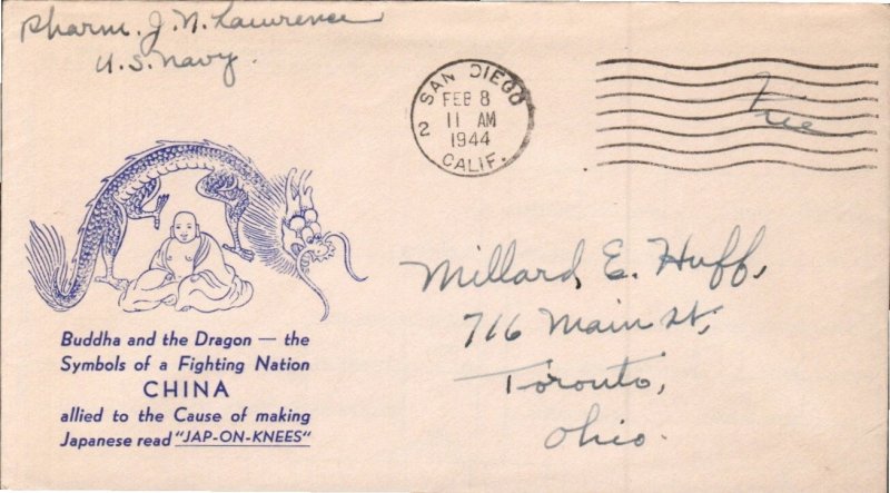WWII CHINA - BUDDHA AND DRAGON JAP-ON-KNEES FEB 18 1944 SAN DIEGO CA CACHET