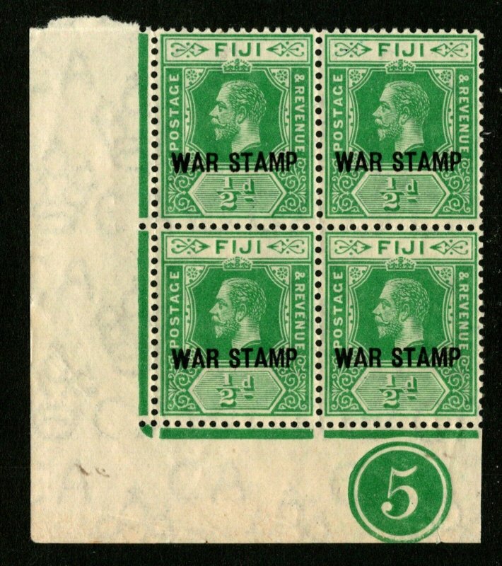 ES-1393 FIJI 1916 WAR TAX STAMPS KGV SCOTT MR1 1/2p GREEN CONTROL BLOCK MNH $22