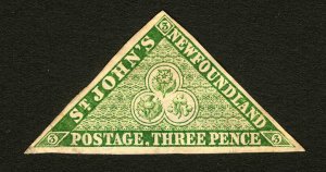 Newfoundland #3 1857 3 Pence Green VF-XF Mint Original Gum Hinged