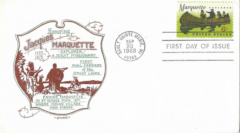 1968 FDC, #1356, 6c Jacques Marquette, Artopages