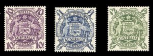 Australia #219-221 Cat$249, 1949-50 Arms, 10sh-£2, three high values, never ...