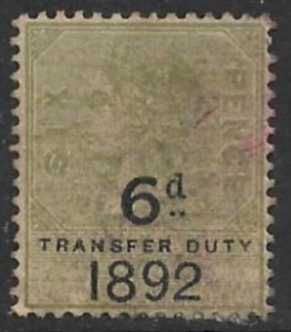 GREAT BRITAIN 1892 QV 6d on 6d TRANSFER DUTY Revenue Bft.37 VFU