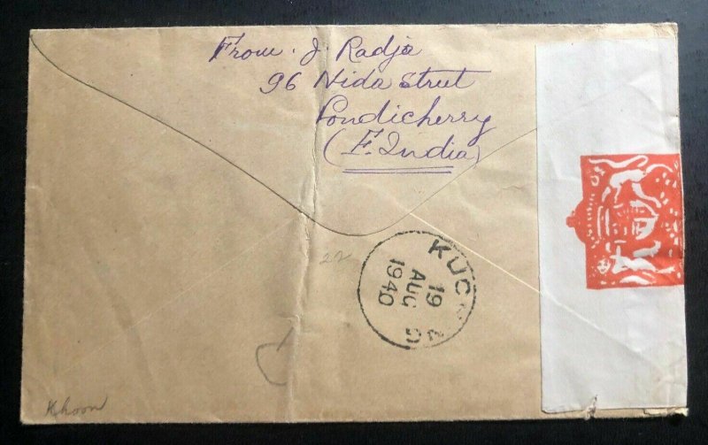 1940 Pondichery India Censored Cover To Saratok Sarawak Via Singapore