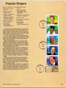 USPS SOUVENIR PAGE POPULAR SINGERS DESIGNED BY CHRIS PAYNE STRIP OF (5) 1994