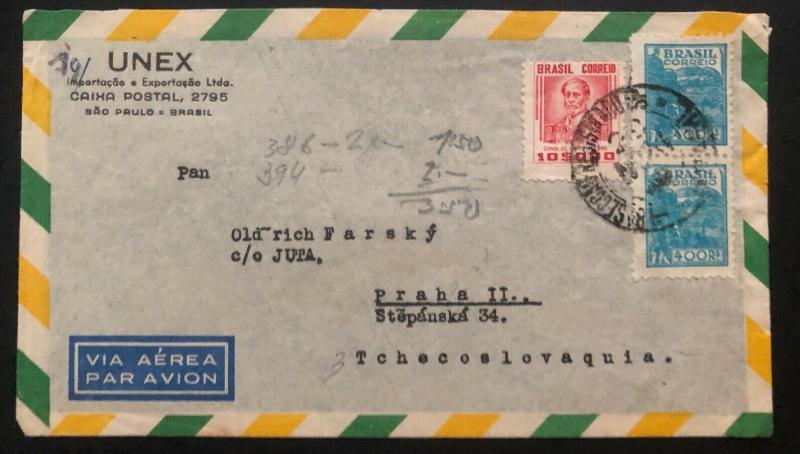 1946 Sao Pablo Brazil Airmail Commercial Cover To Prague Czechoslovakia B