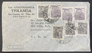 1942 Sao Pablo Brazil Commercial Airmail Cover To New York Usa