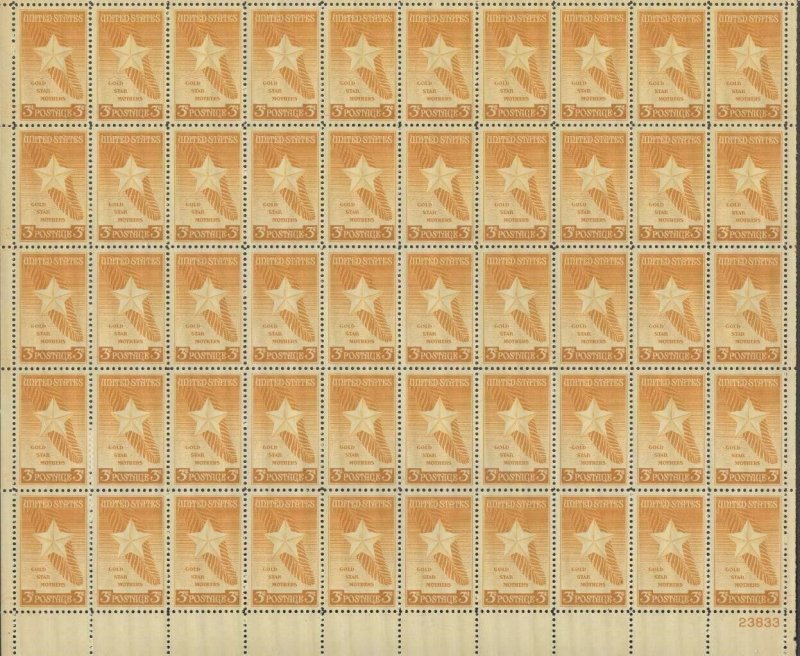 Gold Star Mothers Complete Sheet of Fifty 3 Cent Postage Stamps Scott 969 