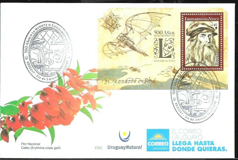 URUGUAY 2019 LEONARD DA VINCI 500° ANIVERSARY SOUVENIR SHEET FDC