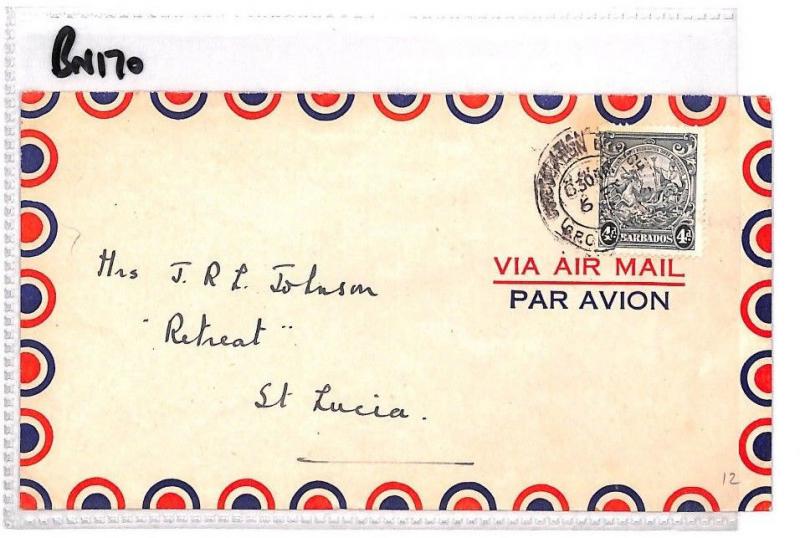BN170 1946 Barbados 4d Rate Commercial Airmail Cover St.Lucia BANKING