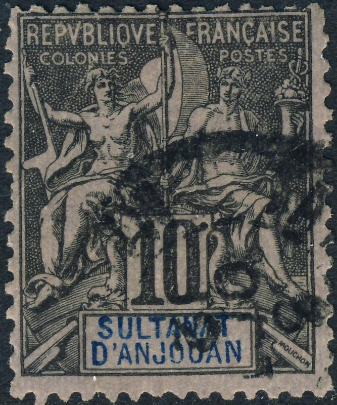 ANJOUAN - 1892 Yv./Mi.5 10c noir sur lilas - Oblitéré TB