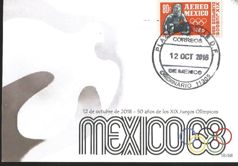 J) 2018 MEXICO, DOVE, 50 YEARS OF THE XIX OLYMPIC GAMES OF 1968, POSTCARD