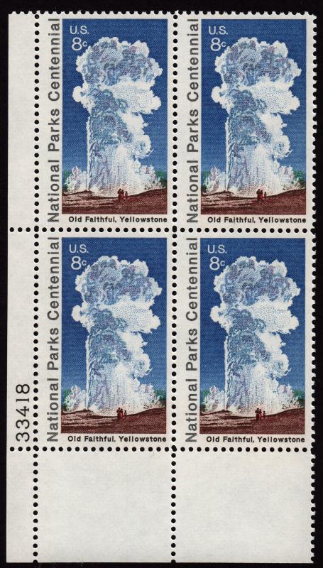 SC#1453 8¢ Old Faithful, Yellowstone Plate Block: LL #33418 (1972)  MNH