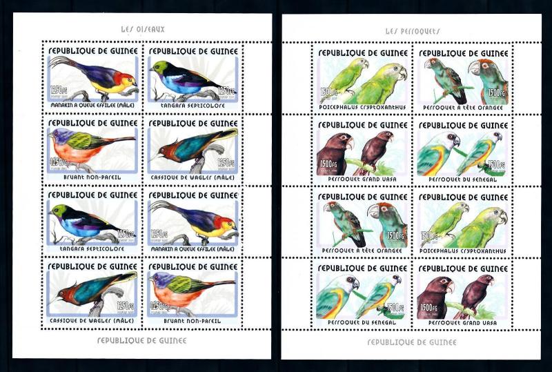 [95699] Guinea 2001 Birds Vögel Oiseaux Parrots 2 Miniature Sheets MNH