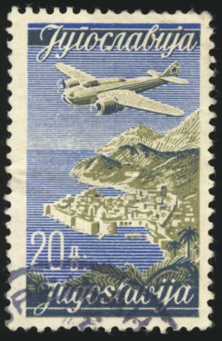 YUGOSLAVIA Sc C22 F-VF/USED -1947 20d - Plane Over Dubrovnik