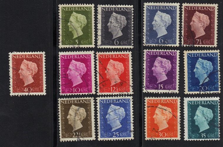 Netherlands  #286-297  used  1948  Wilhelmina low values 13 stamps