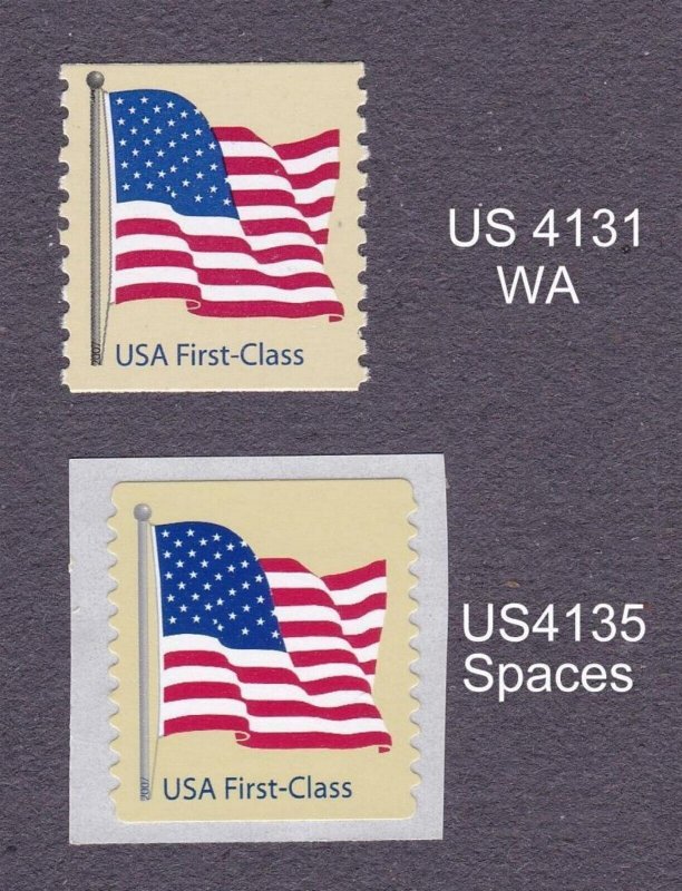 Singles 41c Flag ND US 4131 WA, US 4135 Spaces / Round Corners Lot (2) MNH  F-VF | United States, General Issue Stamp