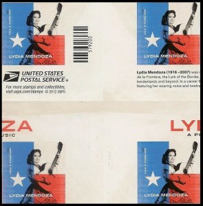 US 4786a Music Icons Lydia Mendoza imperf NDC cross gutter block (4) MNH 2013