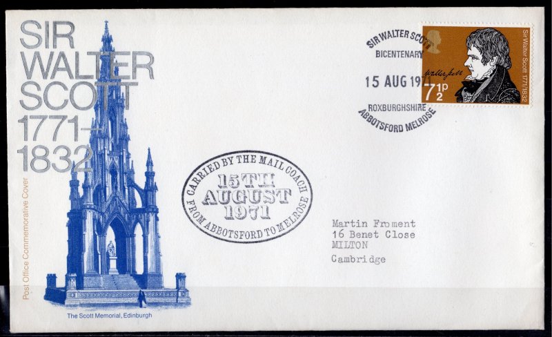 Great Britain 1971 SIR WALTER SCOTT SPECIAL COVER CARRIED BY THE MAIL COACH