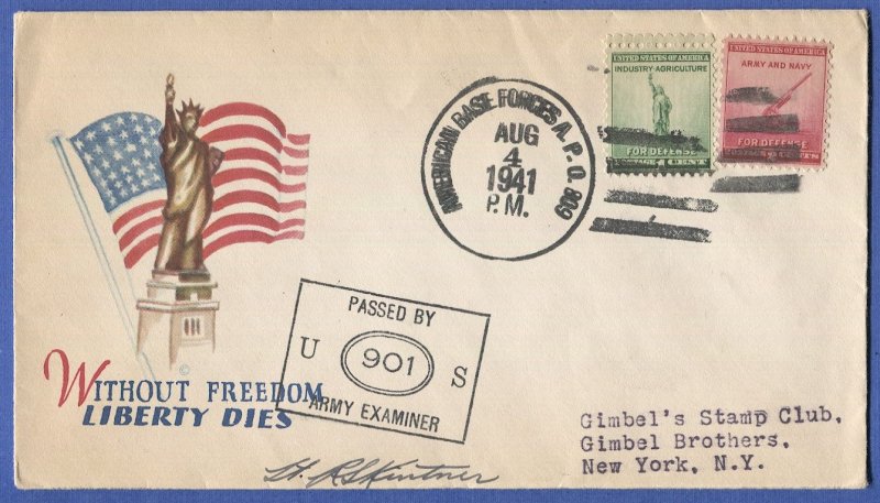 1941  WWII Censored Patriotic Cover APO 809, Narsarssuak, Greenland, Ex. 901